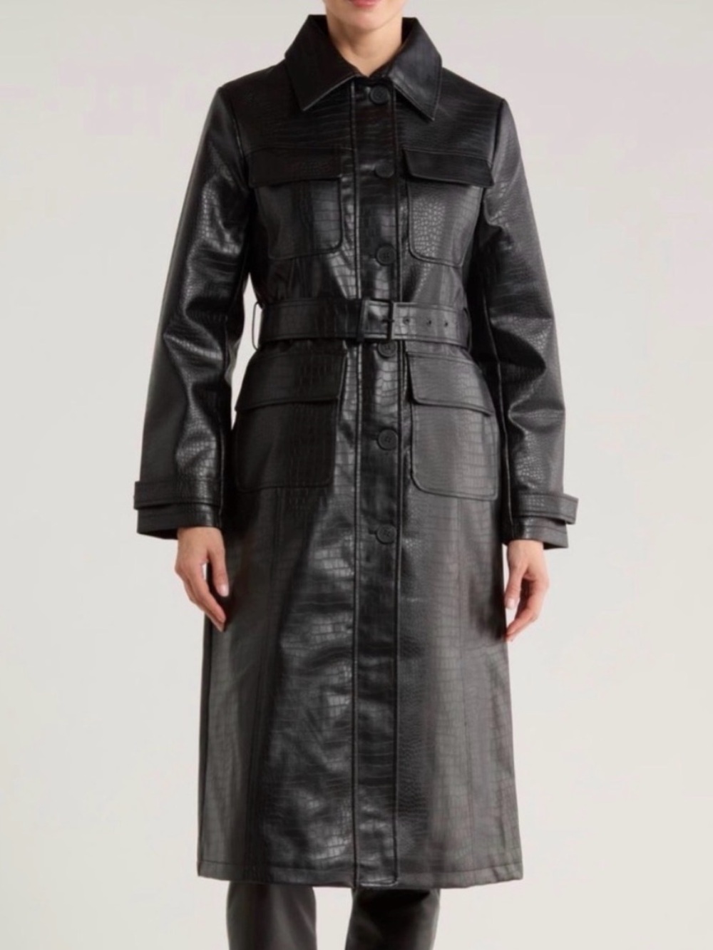 Rebecca Minkoff Black Faux Leather Croc Embossed Belted Trench Coat Black S NWT